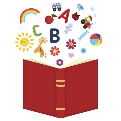 Open red book with preschool symbols and letters