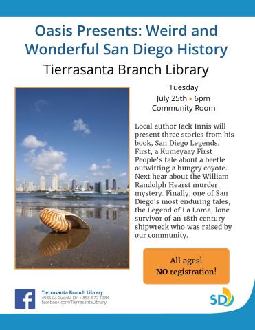 Flyer with the image of the San Diego shoreline with a single seashell