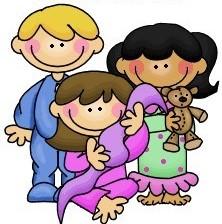 Three children in pajamas, with purple snake, and brown teddy bear.