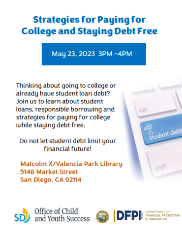 Keyboard image and strategies for paying for college flyer text.