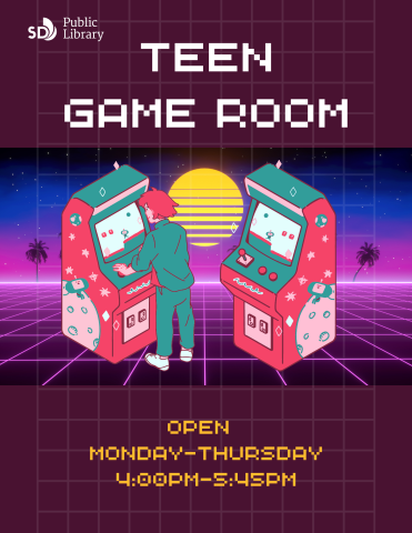 Teen Game Room. Join us! Open Monday-Thursday, 4pm-5:45pm.