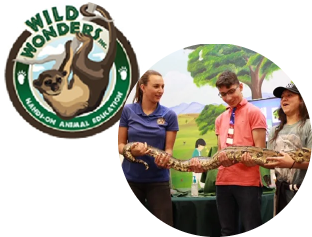 Green wild wonders logo with brown sloth.  Also a picture of children holding a snake.