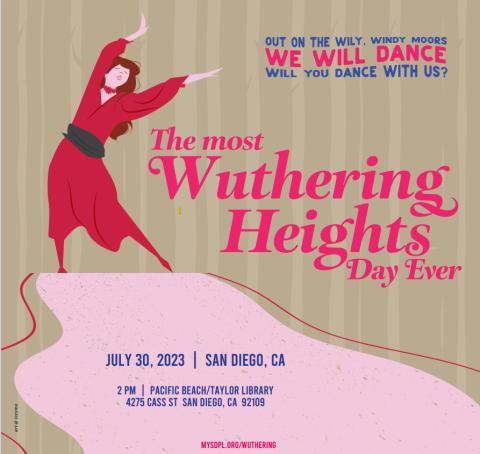 Woman in red dancing next to the text "The Most Wuthering Heights Day Ever"