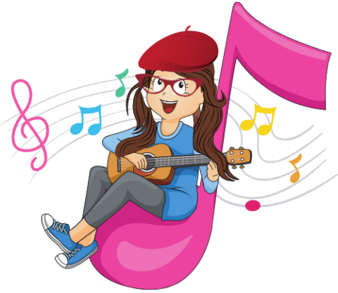 Cartoon illustration of a woman with glasses, hat, and guitar sitting on a music note