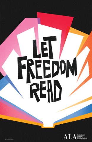 A stylized book opens to reveal the words, "Let Freedom Read."