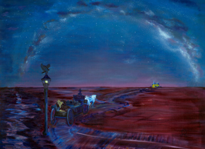 Painting of a horse-drawn carriage moving towards a distant city by Adriana Rossarolla. 