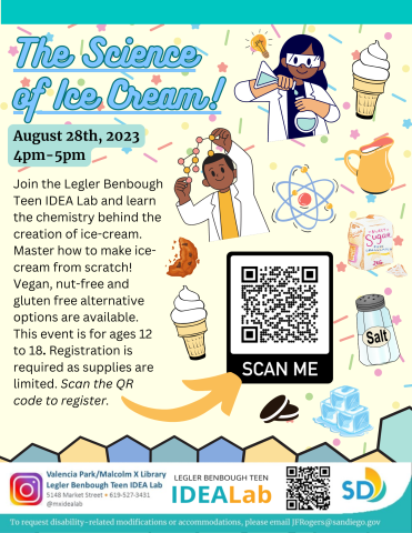 Flyer advertising ice cream event for teens at the IDEA Lab.