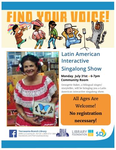 Flyer with the image of a woman dressed in bright colors holding a book