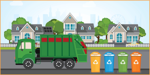 Illustration of a trash truck with bins next to it