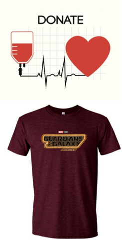 Blood leading to a heard with the the word "Donate," and a brown Guardians of the Galaxy shirt