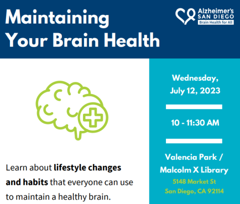 Maintaining Your Brain Health, time, and location text and a drawing of a brain
