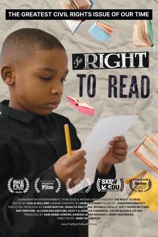 The Right to Read film poster featuring books floating on a background of lined writing paper while a small child reads a piece of paper