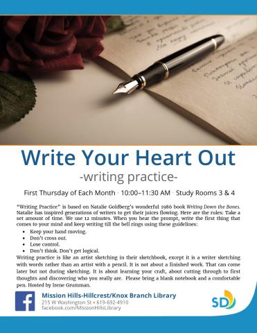 Flyer showing fountain pen, paper with writing, and details of writing group