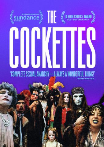 Film poster for The Cockettes featuring white letters on an ultraviolet background and an image of the Cockettes posed in an extravagant attire peering off into the distance.