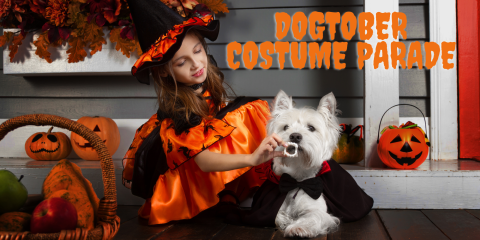 Dogtober Costume Parade written over a girl dressed as a witch and a dog dressed as a vampire