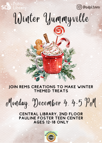 Join rems creations to make winter themed treats. Monday, December 4, 4-5 PM. Central library, 2nd floor Pauline Foster Teen center ages 12-18 only