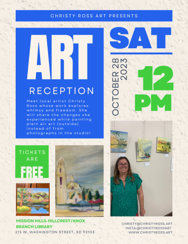 flyer with description of the event, photo of Christy Ross with her exhibit, and photos of  two of her landscape paintings