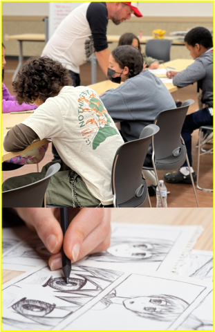 students sitting at a table and drawing with an instructor directing