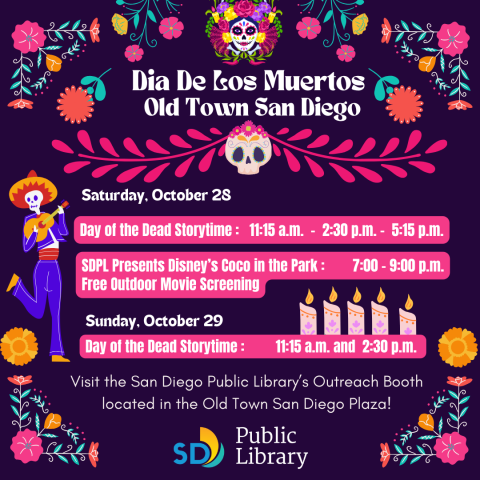 Bright Colorful flyer for day of the dead with happy skeletons dressed in a suit playing a guitar, white candles, orange marigold flowers. 