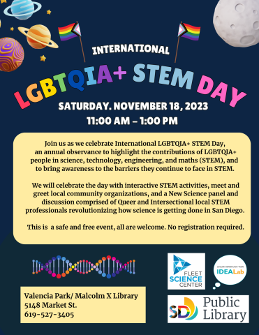 Flyer on a blue blackground with multi-colored planet, grey moon, and colorful DNA strand to celebrate International LGBTQIA+ STEM Day