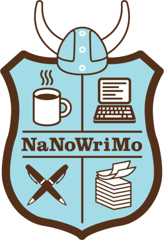NaNoWriMo logo: a shield-like crest with 4 quadrants: coffee cup, laptop, pens crossed, and a stack of paper
