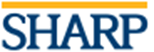Sharp Logo, letters in dark blue with a yellow bar above the text