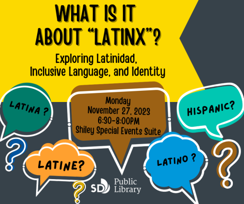 social media graphic with terms Latinx, Latine, Latino/a, Hispanic