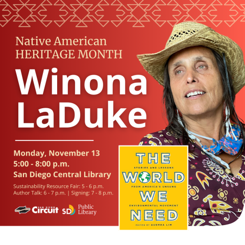 Winona LaDuke Author Talk. Resource Fair 5-6pm, Author Talk 6pm-7pm, 7pm-8pm Book Signing. Image of Winona LaDuke wearing a beige hat with a red background.