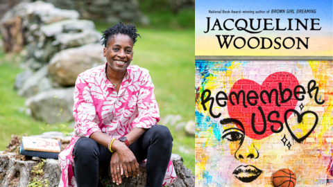 Woman sitting on a stump, book title next to woman