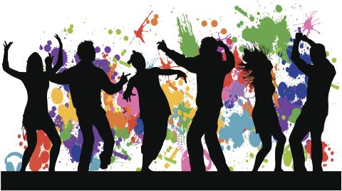 Black silhouettes of people dancing and splash of colors behind them