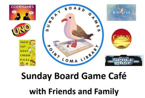 Features a cartoon seagull standing on board games surrounded by the logos of a few modern board games such as Settlers of Catan and Wingspan