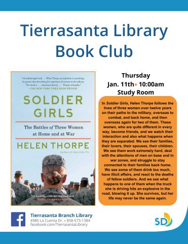 Flyer with a book cover of a female soldier from behind