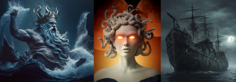 Three pics together of god Poseidon in the water, Medusa with eyes lit up, and a ghostly ship in the water