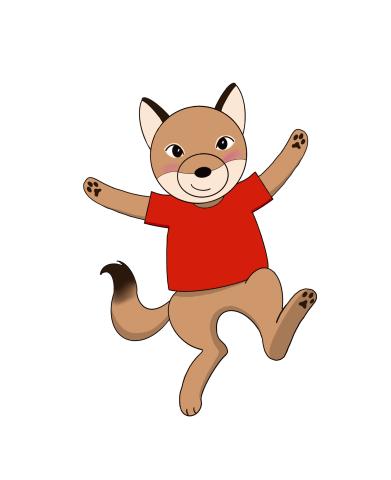 Odi the coyote, in red t-shirt