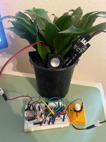 Breadboard with wires connected to a potted plant
