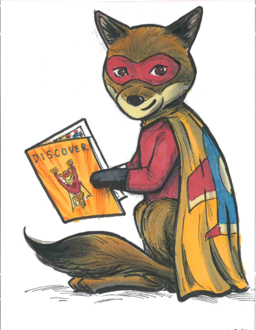 Brown comic book coyote in yellow cape and red mask