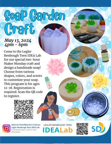 Maker Monday for May 13th will be a soap craft activity where you will be able to design your own soap with a custom color and scent.