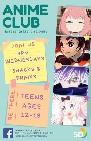 Informational flyer for Anime Club featuring anime characters on a green background.