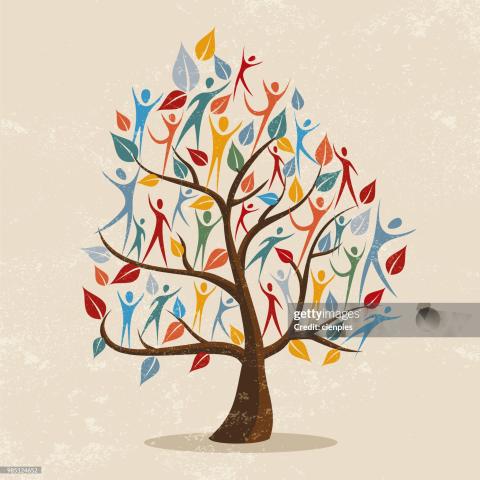 Tree image with colorful leaves and humans representing a family tree