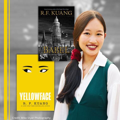 Author Rebecca F. Kuang poses in front of a gray background with the covers of her books Yellowface and Babel.