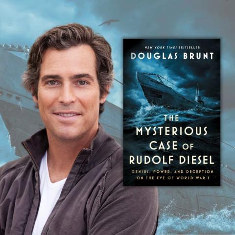 Author Douglas Brunt in front of an image of a ship on stormy waters, next to the cover of the book "The Mysterious Case of Rudolf Diesel."