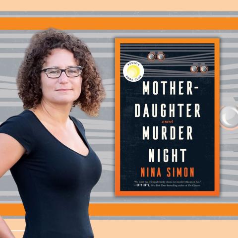 Author Nina Simon stands in front of a graphic orange and gray background with the cover of the ook Mother-Daughter Murder Night.