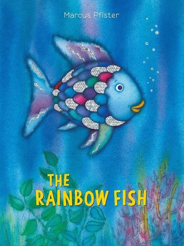 All illustration of a sparkly rainbow fish swimming in the water