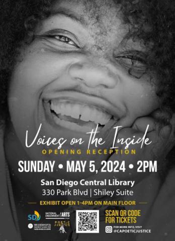 A close up portrait of a persons face looking directly into the camera. Poster annouces opening reception information for May 5th from 2-4pm at the Central library