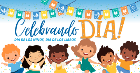 Cartoon illustration of children of diverse racial backgrounds under the words Celebrando Dia de los Ninos, Dia De Los Libros