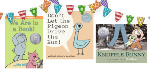 Book covers of 3 different Mo Willems titles, with characters Elephant, Piggie, the Pigeon, and Knuffle Bunny