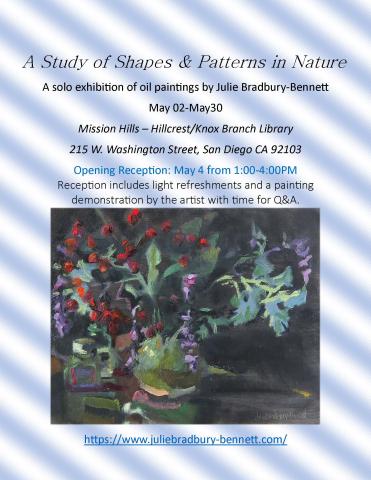 Flyer with event details and photo of painting of flowers