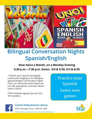 Join us for fun, games, and Bilingual Spanish/English conversation!