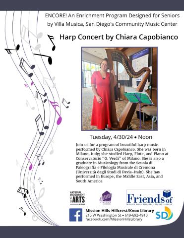 Flyer with event details and photo of Chiara with harp