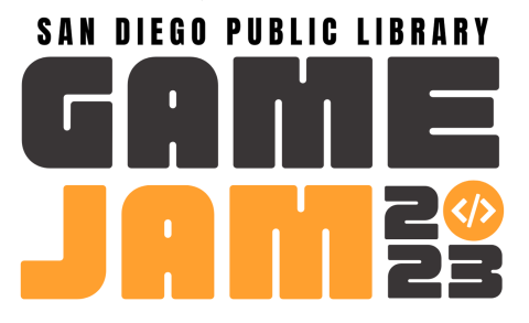 Orange and black logo stating "San Diego Public LIbrary - Game Jam 2023"